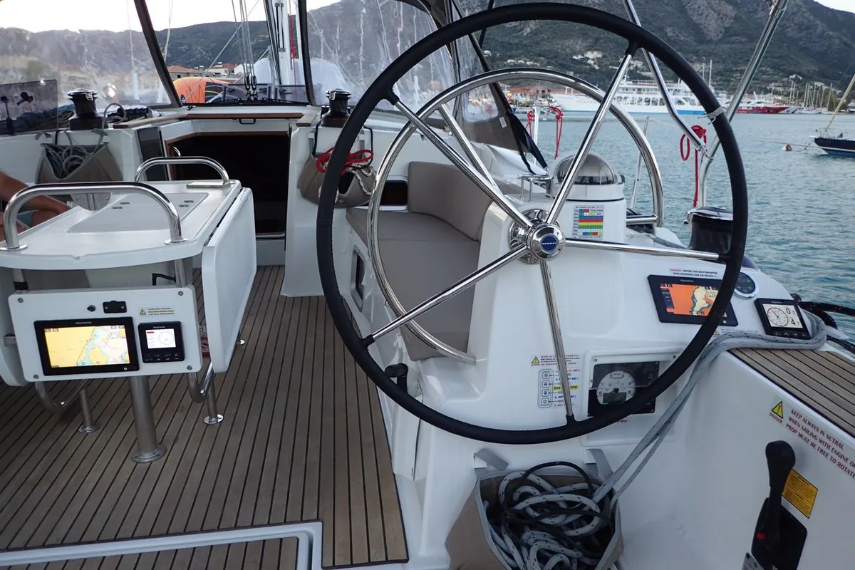 Cockpit of Mayflower, a Jeanneau Sun Odyssey 519 sailboat at Municipal Unit of Nea Peramos, Greece