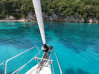 Deck of Mayflower, a Jeanneau Sun Odyssey 519 sailboat at Municipal Unit of Nea Peramos, Greece