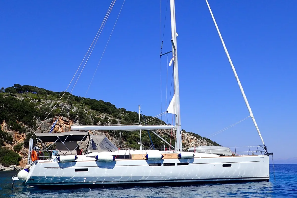 Exterior view of Mayflower, a Jeanneau Sun Odyssey 519 sailboat at Municipal Unit of Nea Peramos, Greece