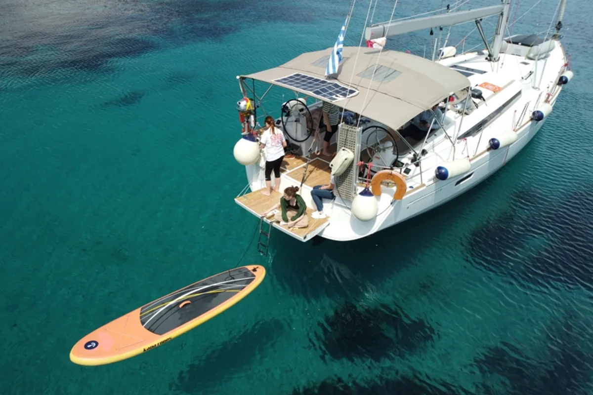 Exterior view of Mayflower, a Jeanneau Sun Odyssey 519 sailboat at Municipal Unit of Nea Peramos, Greece