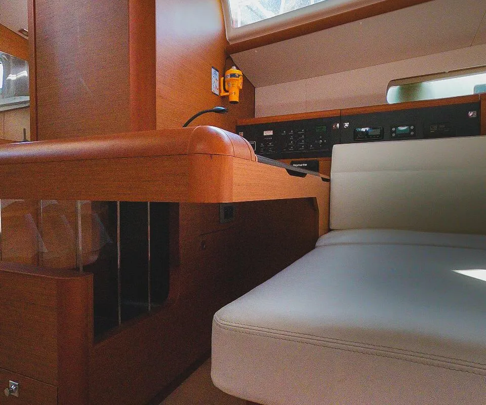 Salon of Mayflower, a Jeanneau Sun Odyssey 519 sailboat at Municipal Unit of Nea Peramos, Greece