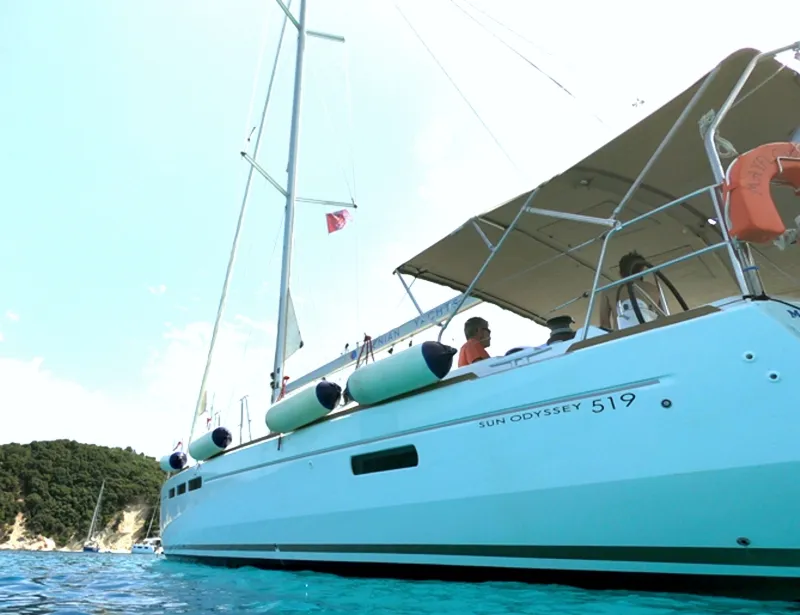 Exterior view of Mayflower, a Jeanneau Sun Odyssey 519 sailboat at Municipal Unit of Nea Peramos, Greece