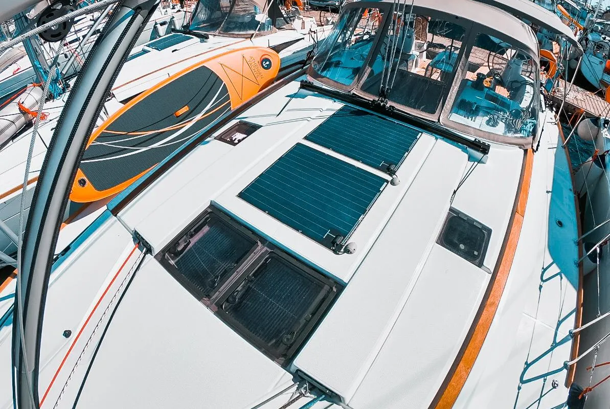 Deck of Mayflower, a Jeanneau Sun Odyssey 519 sailboat at Municipal Unit of Nea Peramos, Greece