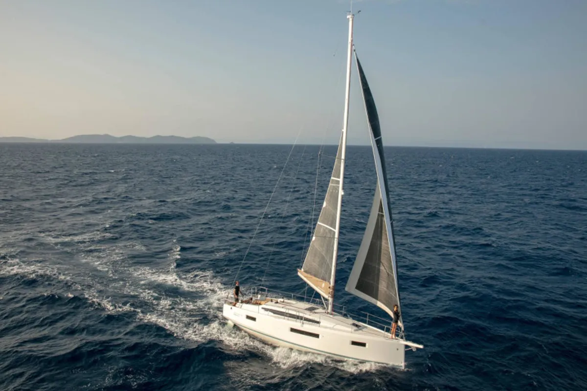 Exterior view of Locean, a Jeanneau Sun Odyssey 410 sailboat at Municipal Unit of Lefkada, Greece