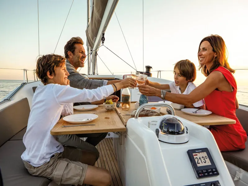 Deck of Locean, a Jeanneau Sun Odyssey 410 sailboat at Municipal Unit of Lefkada, Greece