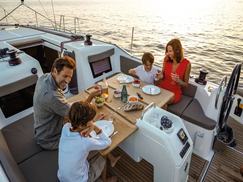 Deck of Locean, a Jeanneau Sun Odyssey 410 sailboat at Municipal Unit of Lefkada, Greece