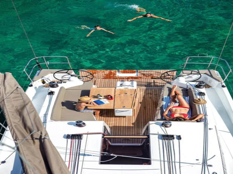 Deck of Locean, a Jeanneau Sun Odyssey 410 sailboat at Municipal Unit of Lefkada, Greece