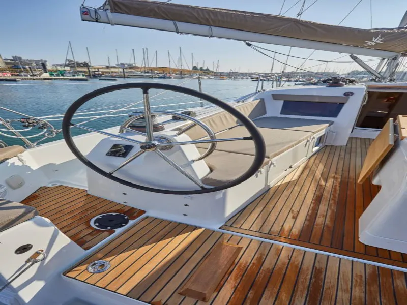 Cockpit of Locean, a Jeanneau Sun Odyssey 410 sailboat at Municipal Unit of Lefkada, Greece