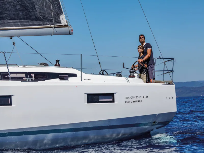 Exterior view of Locean, a Jeanneau Sun Odyssey 410 sailboat at Municipal Unit of Lefkada, Greece