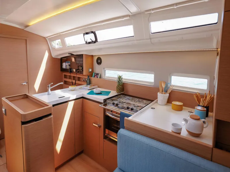 Galley of Locean, a Jeanneau Sun Odyssey 410 sailboat at Municipal Unit of Lefkada, Greece