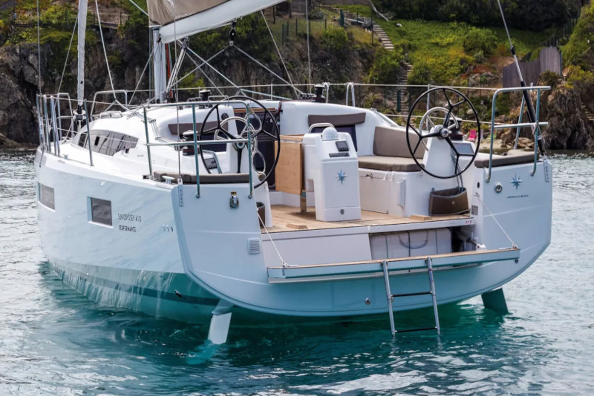 Exterior view of Locean, a Jeanneau Sun Odyssey 410 sailboat at Municipal Unit of Lefkada, Greece
