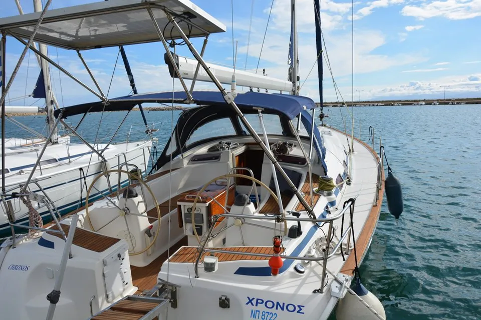 Chronos, a Bavaria 46 Cruiser sailboat at Port of Avdira, Greece
