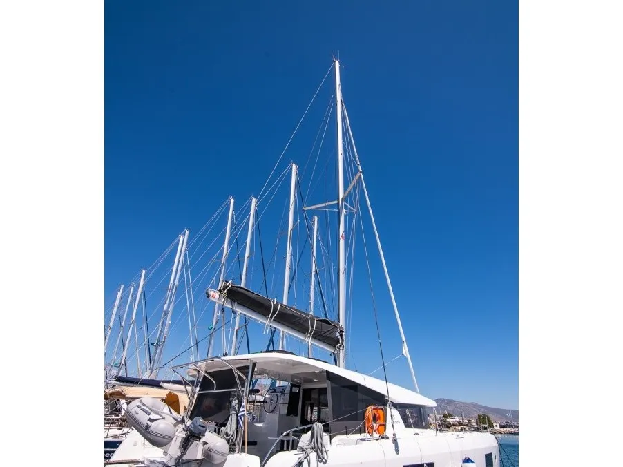 Exterior view of Blue Trident, a Lagoon 42 catamaran at Agios Stefanos, Greece