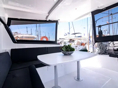 Deck of Blue Trident, a Lagoon 42 catamaran at Agios Stefanos, Greece