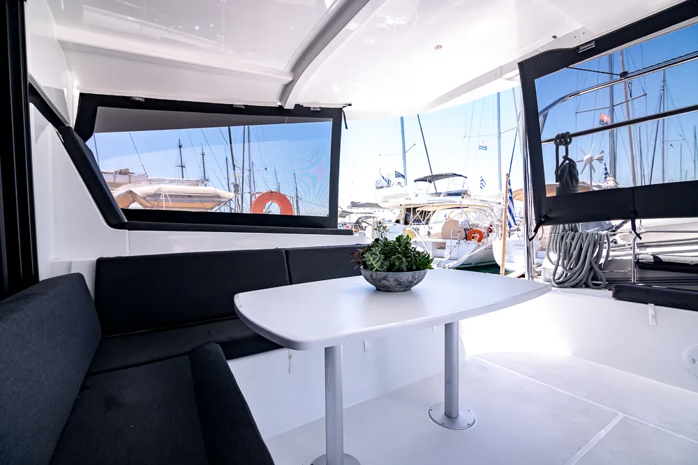 Deck of Blue Trident, a Lagoon 42 catamaran at Agios Stefanos, Greece