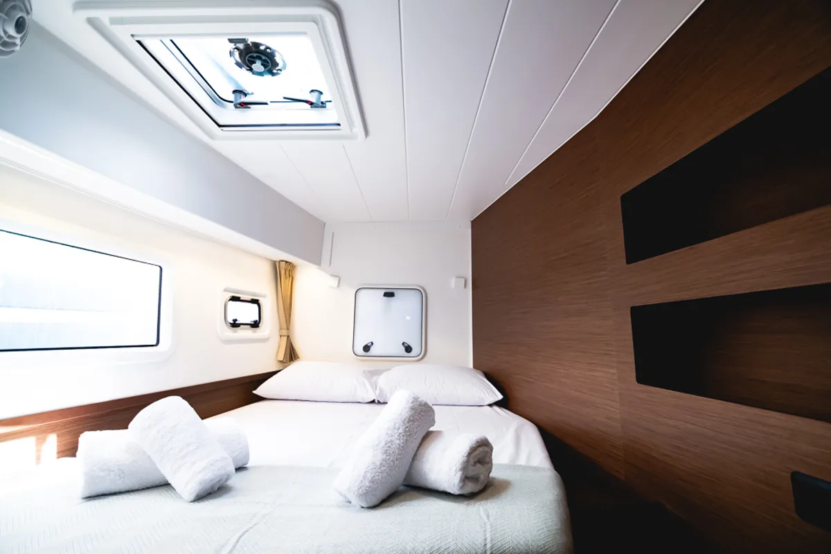 Cabin on Blue Trident, a Lagoon 42 catamaran at Agios Stefanos, Greece