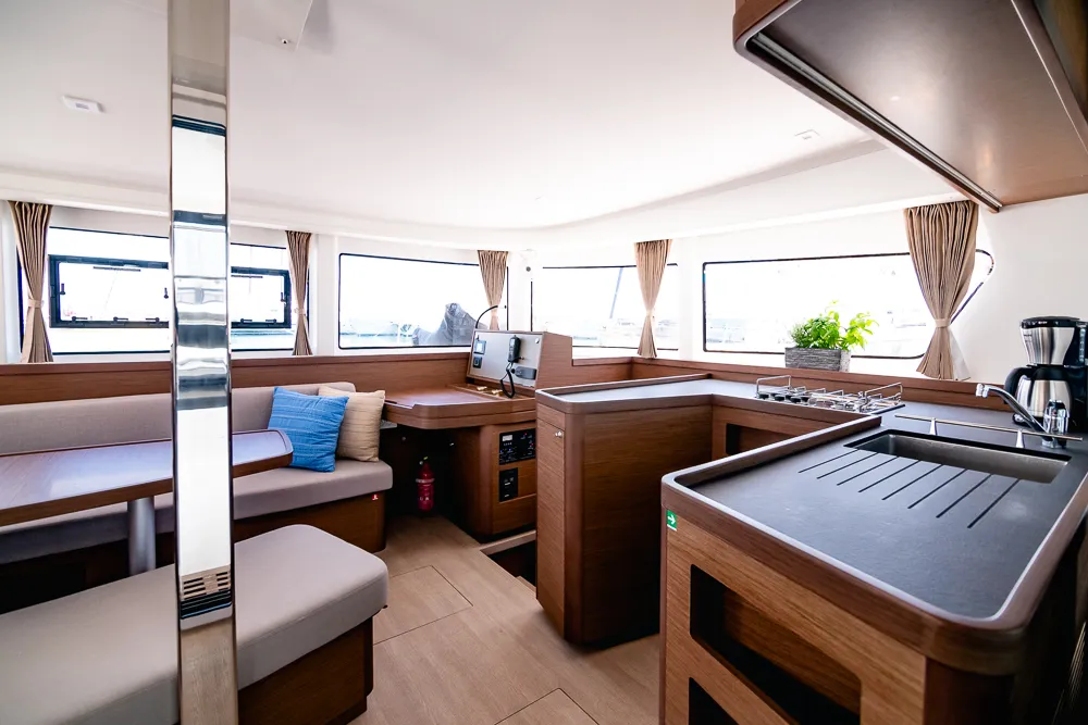 Salon of Blue Trident, a Lagoon 42 catamaran at Agios Stefanos, Greece