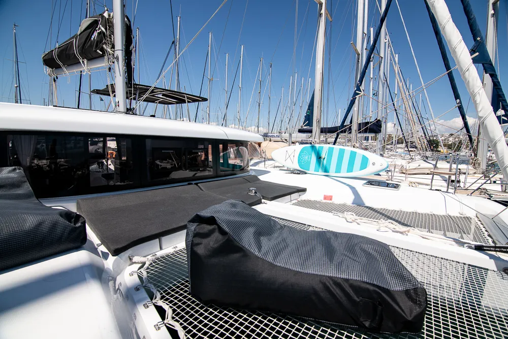 Deck of Blue Trident, a Lagoon 42 catamaran at Agios Stefanos, Greece