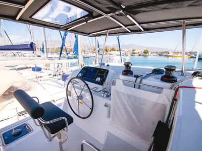 Cockpit of Blue Trident, a Lagoon 42 catamaran at Agios Stefanos, Greece