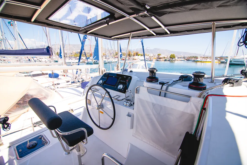 Cockpit of Blue Trident, a Lagoon 42 catamaran at Agios Stefanos, Greece