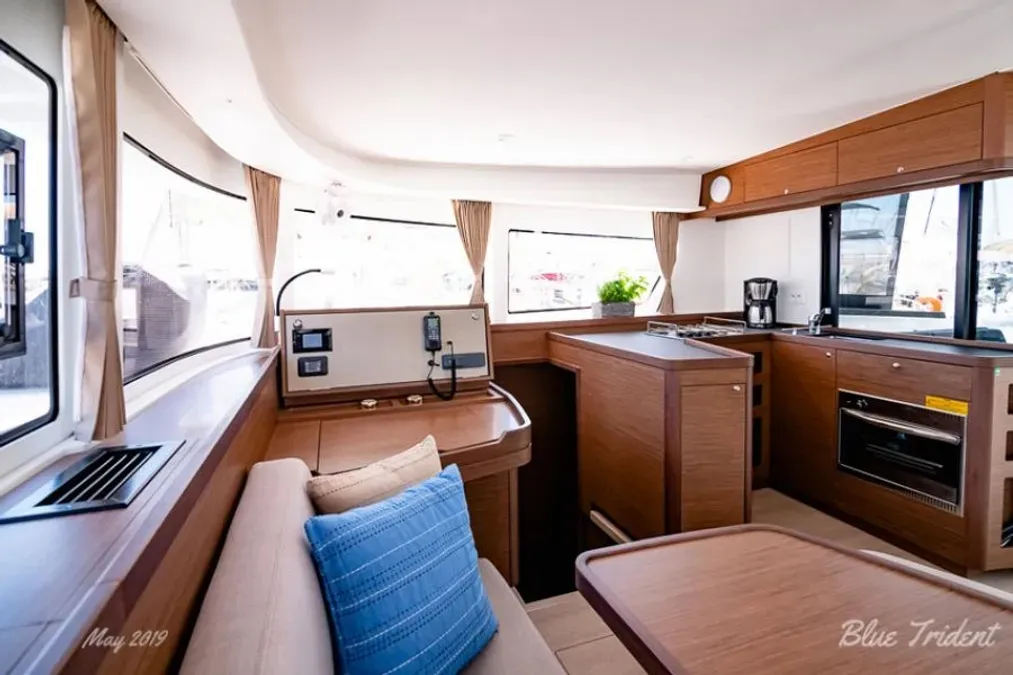 Salon of Blue Trident, a Lagoon 42 catamaran at Agios Stefanos, Greece