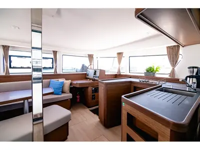 Salon of Blue Trident, a Lagoon 42 catamaran at Agios Stefanos, Greece