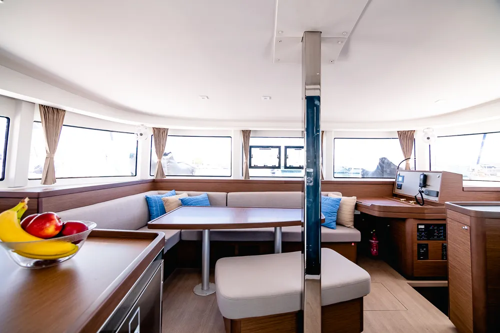 Salon of Blue Trident, a Lagoon 42 catamaran at Agios Stefanos, Greece