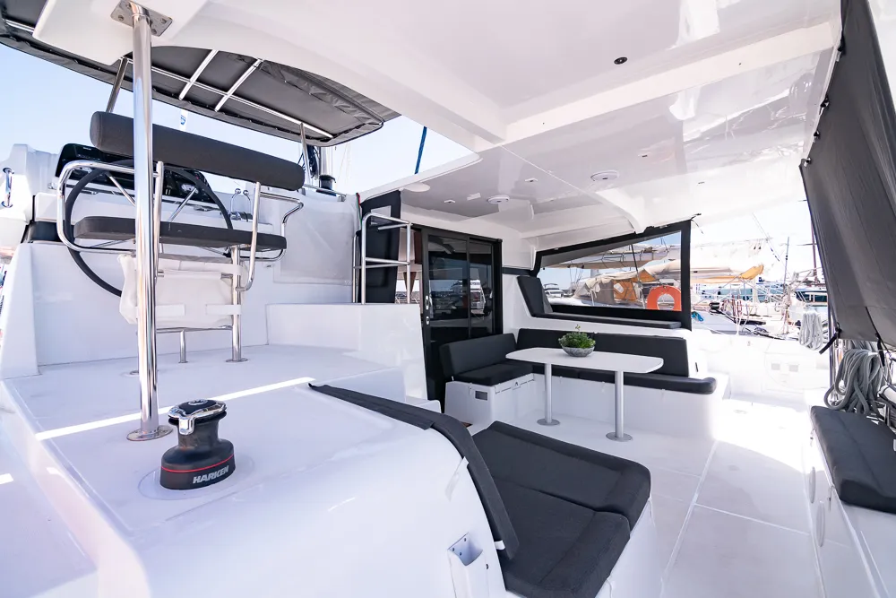 Deck of Blue Trident, a Lagoon 42 catamaran at Agios Stefanos, Greece