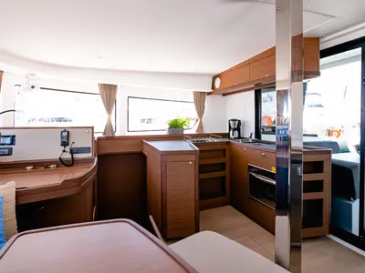 Galley of Blue Trident, a Lagoon 42 catamaran at Agios Stefanos, Greece