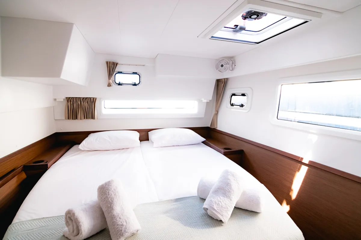 Cabin on Blue Trident, a Lagoon 42 catamaran at Agios Stefanos, Greece