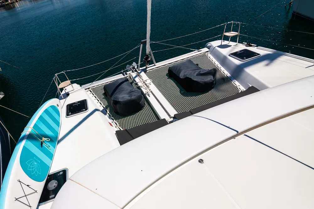 Deck of Blue Trident, a Lagoon 42 catamaran at Agios Stefanos, Greece