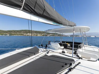 Cockpit of REALITY, a Lagoon 51 catamaran at Split, Croatia