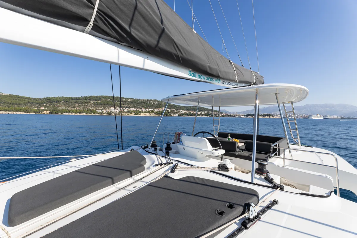 Cockpit of REALITY, a Lagoon 51 catamaran at Split, Croatia