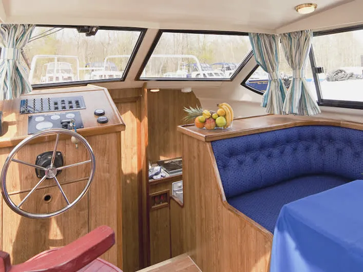 Cockpit of Royal Classique, a Cygnet Royal Classique motorboat at Castelnaudary, France