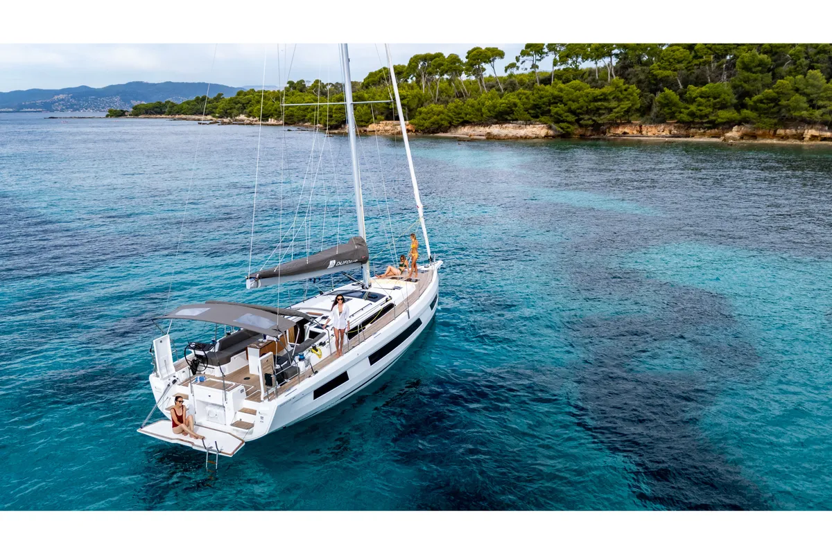 Exterior view of Avenir, a Dufour 44 sailboat at Olbia, Italy