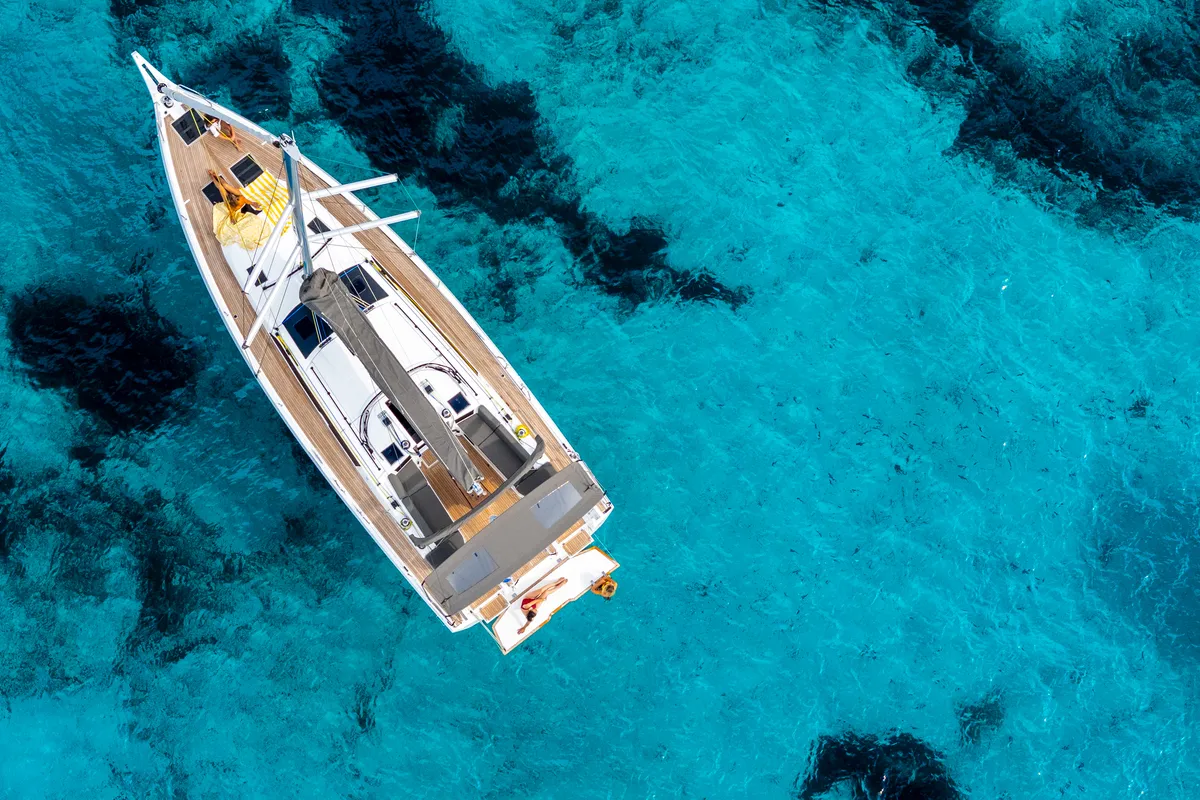 Exterior view of Avenir, a Dufour 44 sailboat at Olbia, Italy