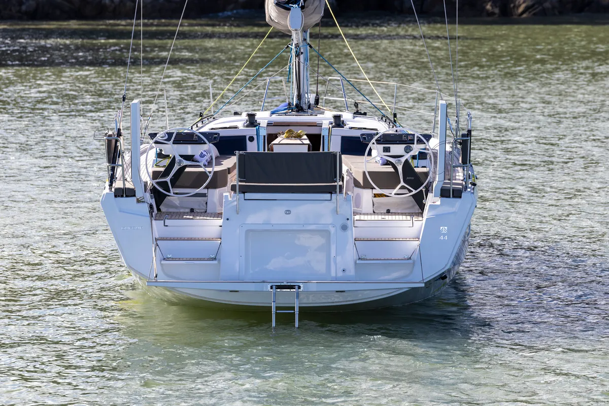Exterior view of Avenir, a Dufour 44 sailboat at Olbia, Italy