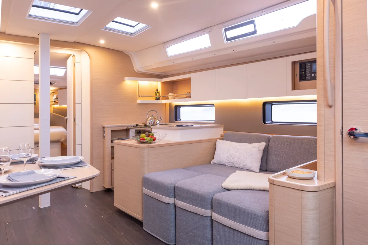 Salon of Avenir, a Dufour 44 sailboat at Olbia, Italy