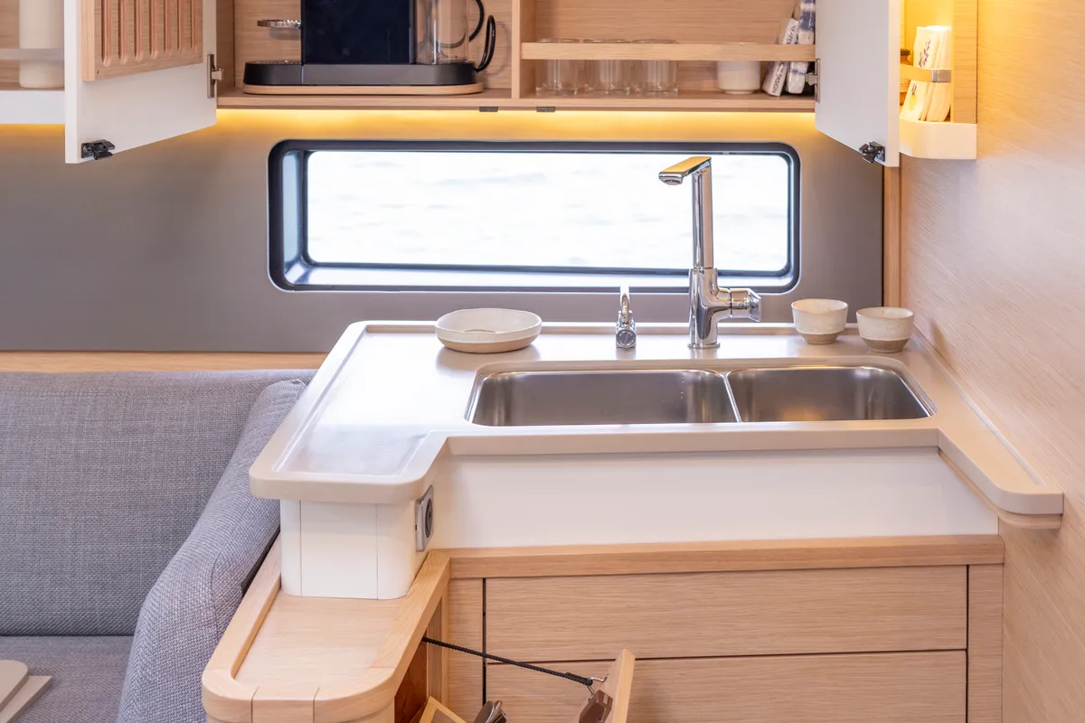 Galley of Avenir, a Dufour 44 sailboat at Olbia, Italy
