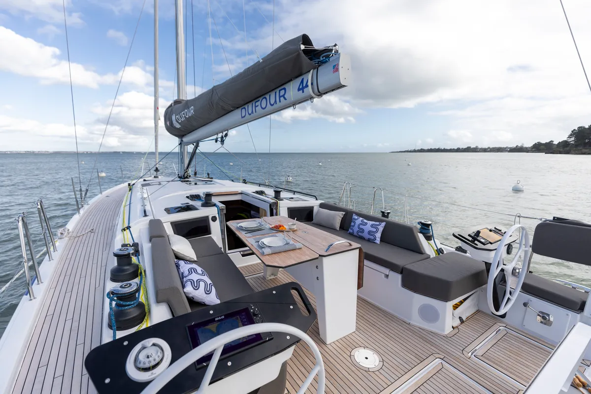 Cockpit of Avenir, a Dufour 44 sailboat at Olbia, Italy