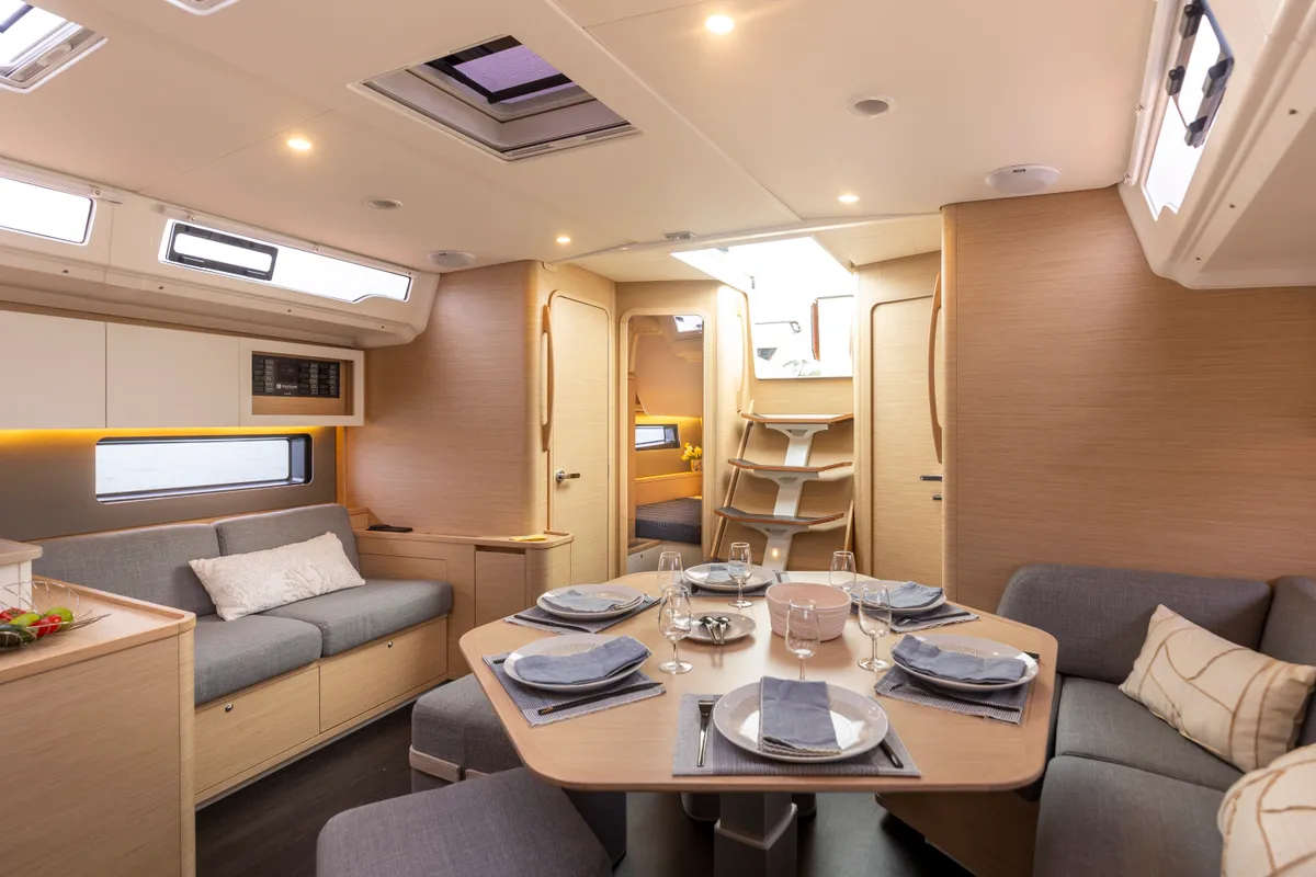 Salon of Avenir, a Dufour 44 sailboat at Olbia, Italy