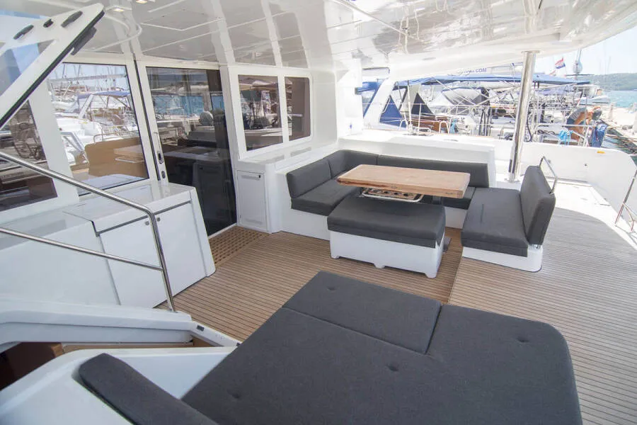 Deck of LinaHanna, a Lagoon 52 F catamaran at Grad Šibenik, Croatia
