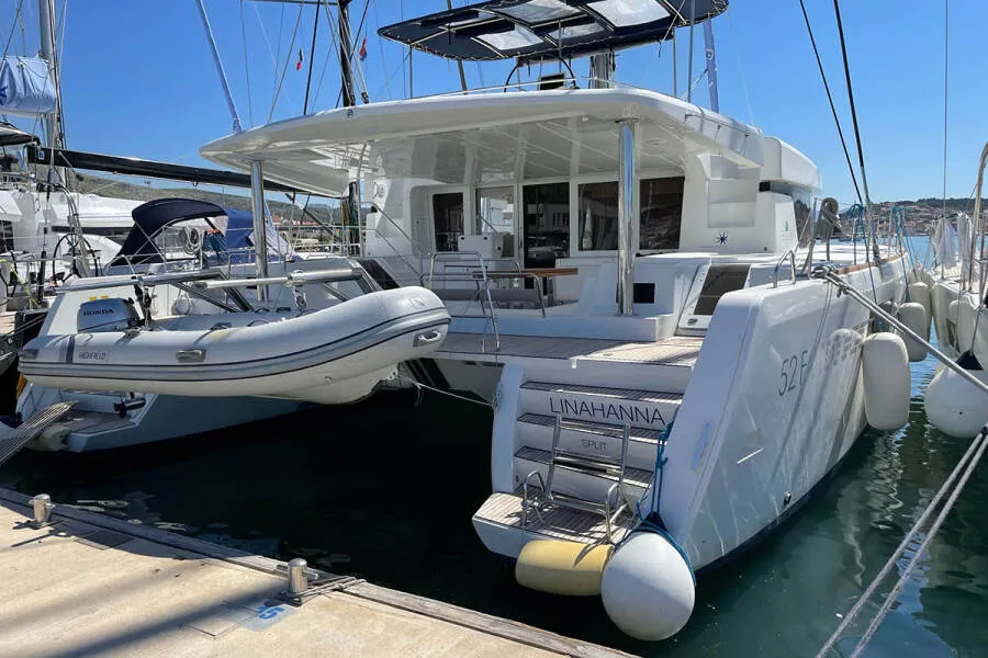 Exterior view of LinaHanna, a Lagoon 52 F catamaran at Grad Šibenik, Croatia
