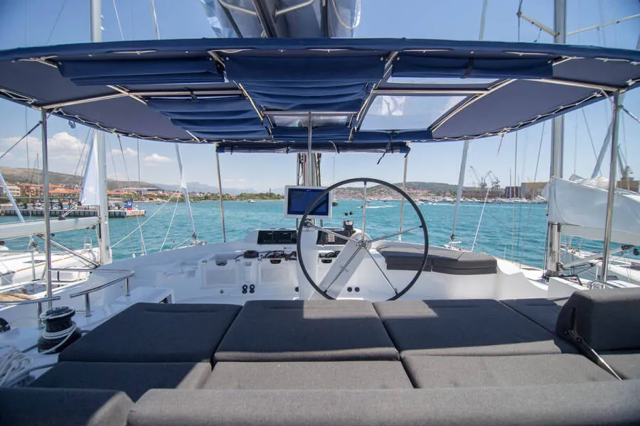 Cockpit of LinaHanna, a Lagoon 52 F catamaran at Grad Šibenik, Croatia