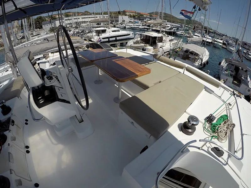 Deck of LinaHanna, a Lagoon 52 F catamaran at Grad Šibenik, Croatia