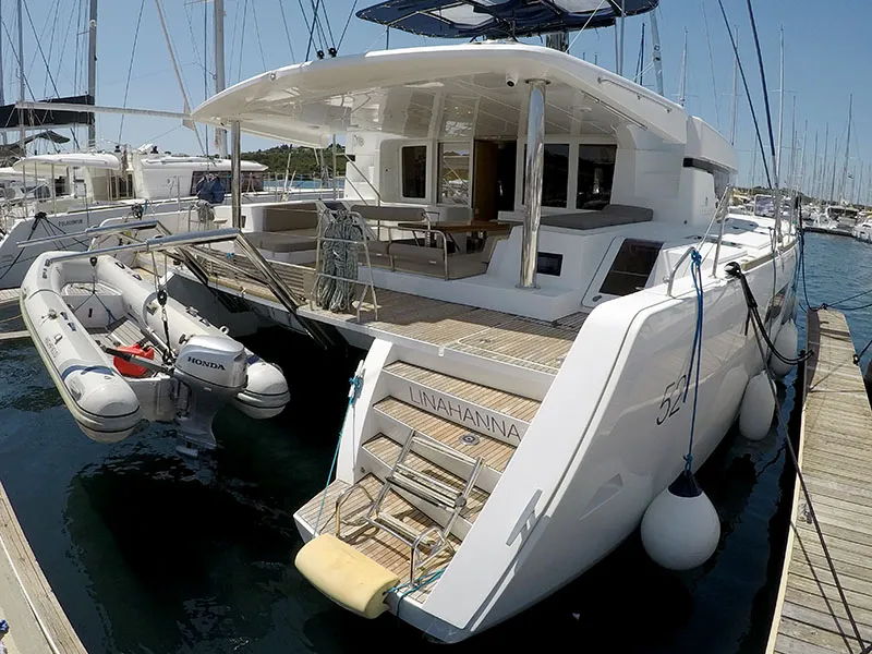 Deck of LinaHanna, a Lagoon 52 F catamaran at Grad Šibenik, Croatia