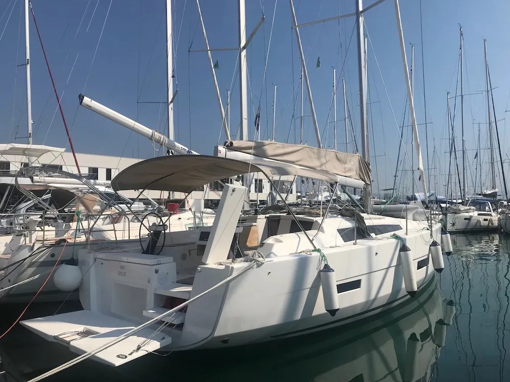 Exterior view of Bibi, a Dufour 430 GL sailboat at Seget Donji, Croatia