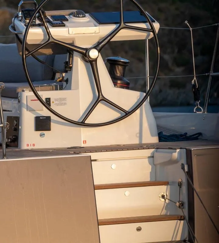 Cockpit of Elyvian Breeze, a Jeanneau 60 sailboat at Brindisi, Italy