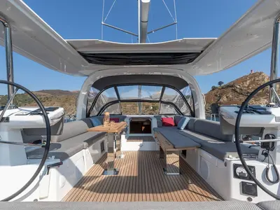 Cockpit of Elyvian Breeze, a Jeanneau 60 sailboat at Brindisi, Italy