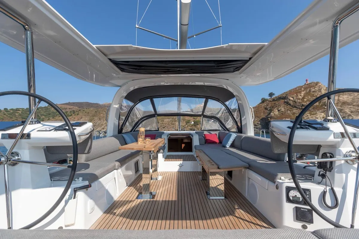 Cockpit of Elyvian Breeze, a Jeanneau 60 sailboat at Brindisi, Italy